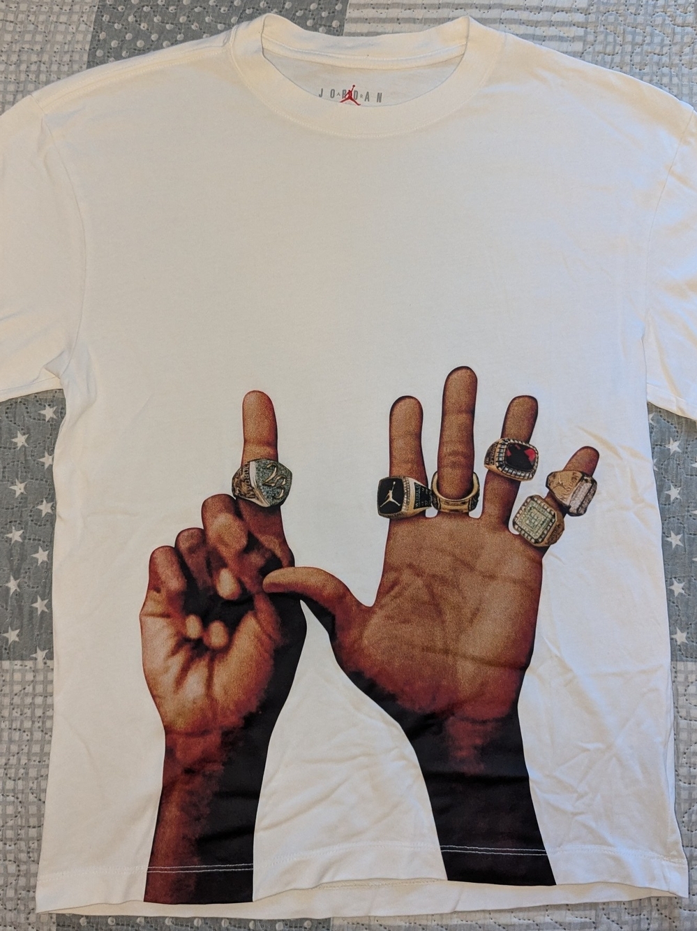 Jordan White Graphic T-Shirt with Ringed Hands Print